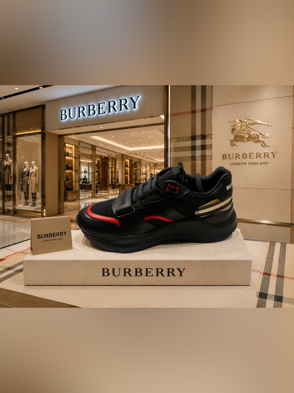 Burberry Black Leather & Fabric Sneakers with Red and Beige Stripes